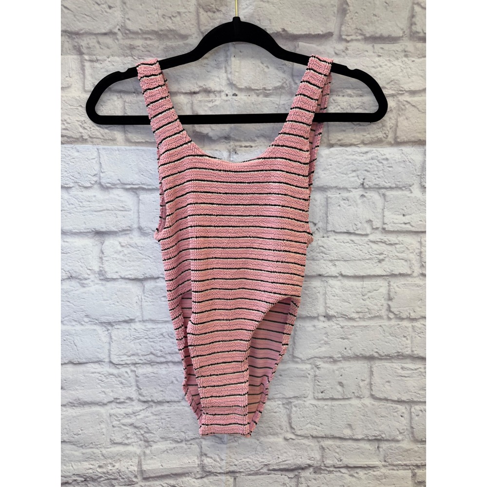 Bond-Eye Maxam One Piece Swimsuit OS Pink Excellent Striped Ribbed Crinkle Beach